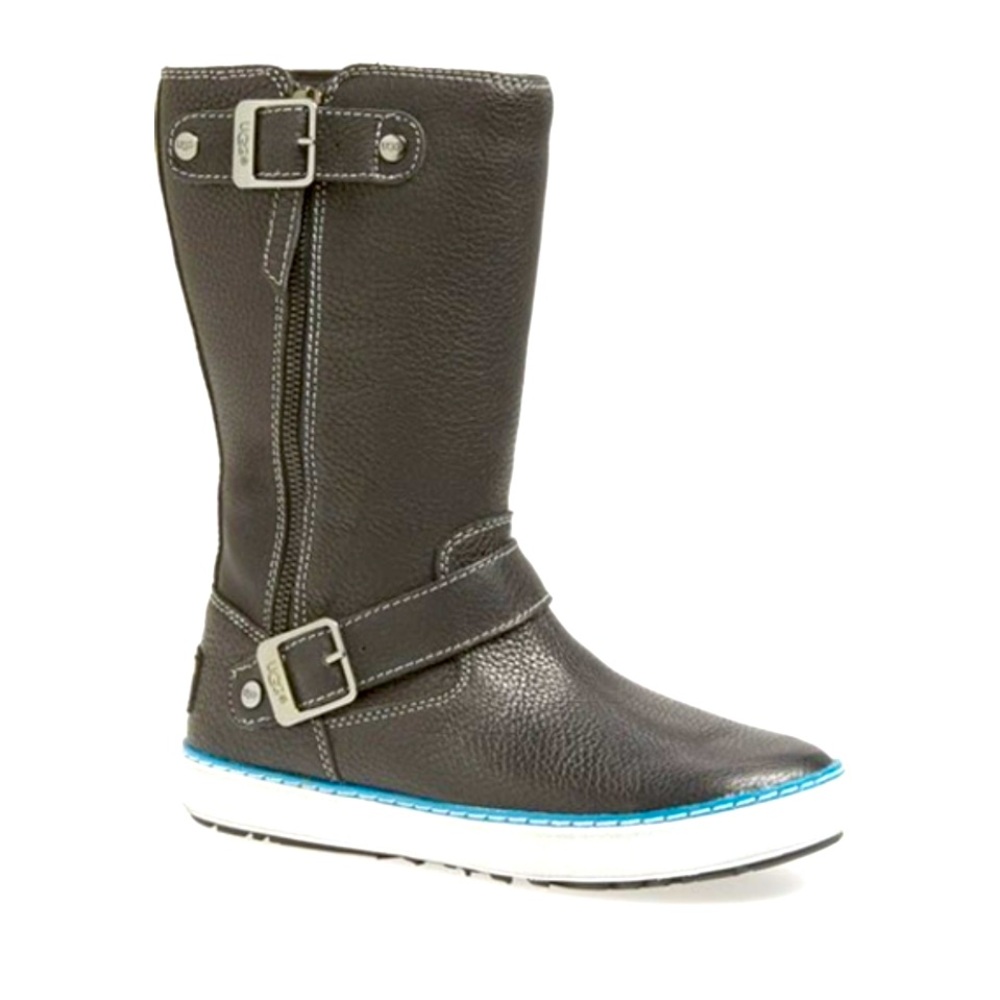 UGG Mid Calf Black Genuine Leather Water Proof Cozy Boots Size 9.5